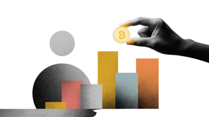 Hand holding glowing digital coin above stacked bars, minimal modern collage style, PNG