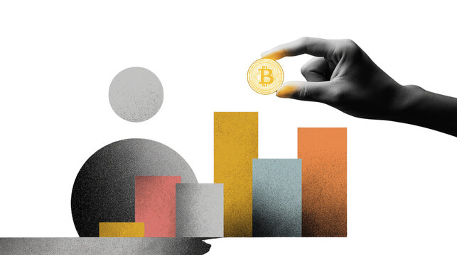 Hand holding glowing digital coin above stacked bars, minimal modern collage style, PNG