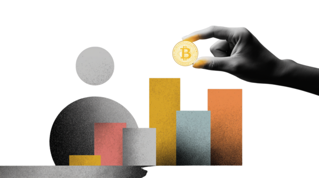 Hand holding glowing digital coin above stacked bars, minimal modern collage style, PNG