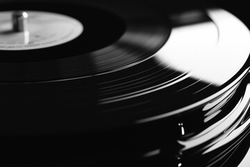 Vinyl records stacked in a monochrome setting create a classic vibe