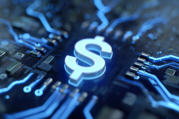 Digital circuits showcasing money symbol in technology context