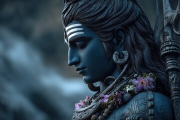 Close-up of Shiva with flowers in his hair, holding the Trishul weapon on one shoulder