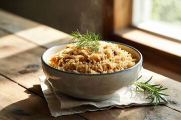 Steaming bowl of delicious, home-cooked pilaf with fresh herbs