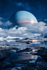 Spaceship Flying over a Planet in a Sci-fi Landscape