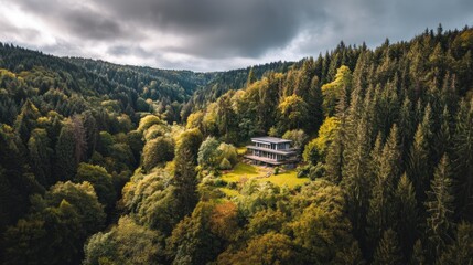 Secluded modern home nestled within a lush forest valley