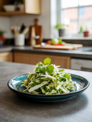 Fresh Coleslaw Salad on a Teal Plate in a Kitchen Setting