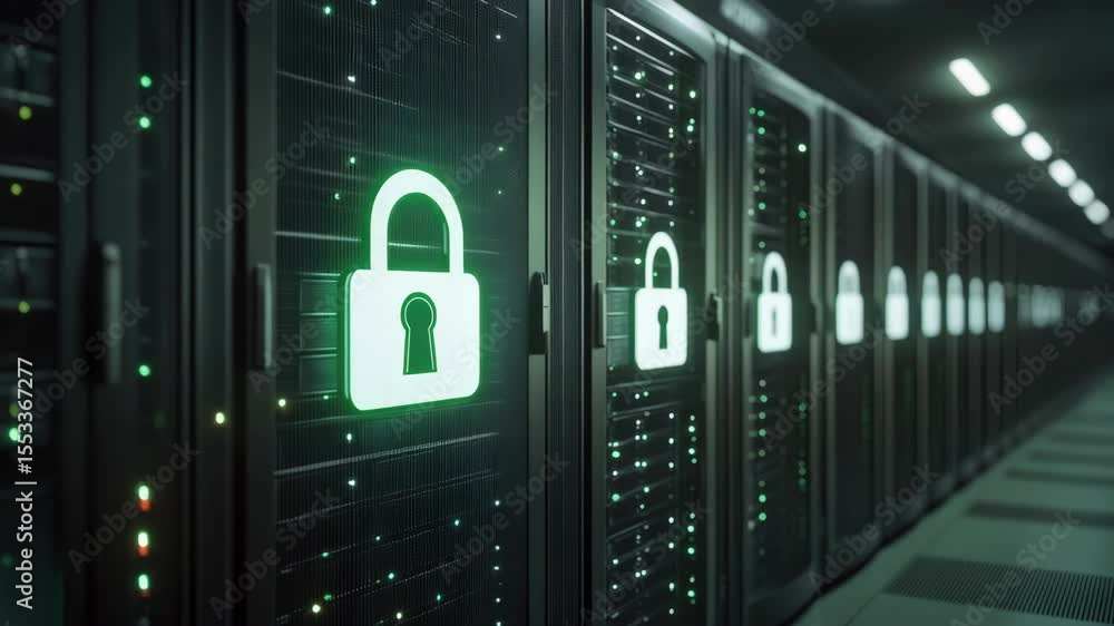 Poster server rack with digital security locks, depicting secure online data storage in the tech industry.