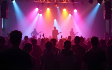 A crowd in a concert hall or disco with scene stage lights in colorful tones, rock music show performance, with people silhouette, on dance floor during a concert festival. High quality