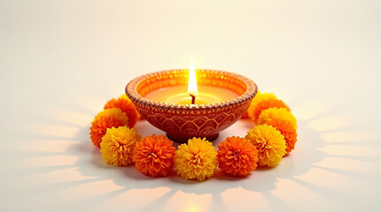 A glowing diya surrounded by orange and yellow flowers isolated on white background