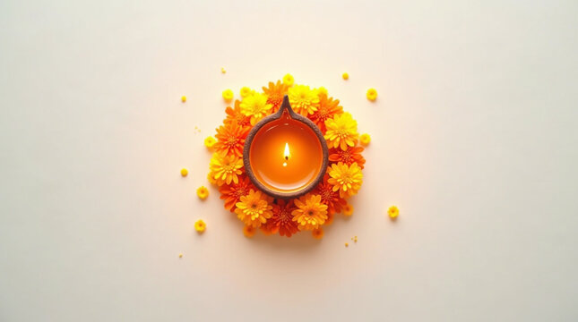 A diwali oil lamp surrounded by marigold flowers isolated on white background