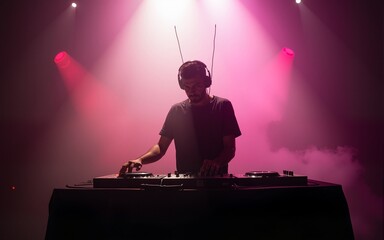 Silhouette of DJ mixing music with smoke and light. High quality