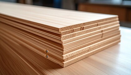 Stacked Light Brown Wood Planks On Workshop Table