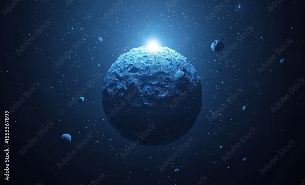 Poster glowing blue celestial sphere in deep space surrounded by asteroids