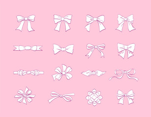 Set of ribbons tied into simple and intricate bows. Hand-drawn editable line art with white fill