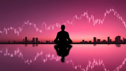 Serene Meditation Over Cityscape at Sunset - A silhouette of a person meditating is reflected in still water, with a cityscape and overlay of stock market data in the background during a pink sunset. - Powered by Adobe