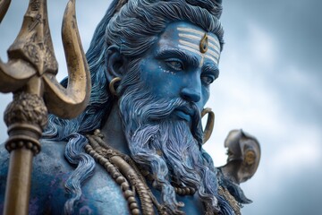 Close-up of a Lord Shiva statue, with blue skin and a beard, holding a trident, against a sky background