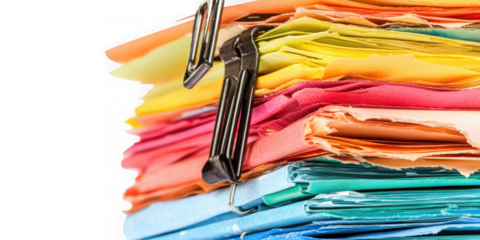 Colorful Stack of Papers Held Together with Metal Clip  on transparent background