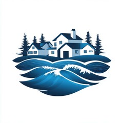 Coastal house nestled by the ocean waves amidst evergreen trees at dusk in a serene landscape