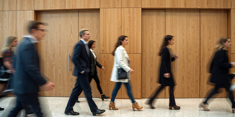 group of business people in a corridor walking through a busy office hallway with modern design