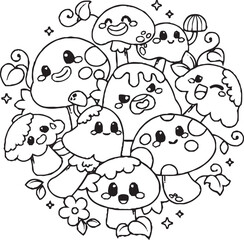 A fun and whimsical black and white doodle artwork showing a group of cute cartoon characters, including a smiling star, a frog, a flower, and other imaginative creatures.