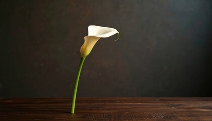 Single White Calla Lily On Dark Wooden Table