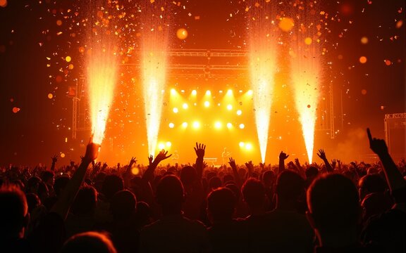 A crowded concert hall with scene stage orange and yellow lights, rock show performance, with people silhouette, colourful confetti explosion fired on dance floor air during a concert festival - Powered by Adobe