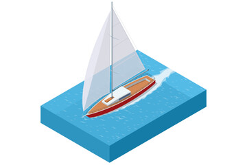 Isometric sailing yacht moving on blue water. Sailboat has a large white sail, a wooden deck, and is leaving a wake behind as it sails. Concept of travel, luxury, marine transport, or summer vacation.