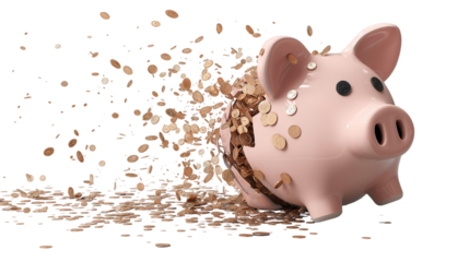 Broken piggy bank with coins flying out, high detail, realistic shadows, PNG