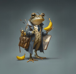 Banana briefing and intellectual frog with a mission. Illustration of a humanoid frog character dressed in a formal vintage suit and trench coat, holding a banana and a clipboard. 