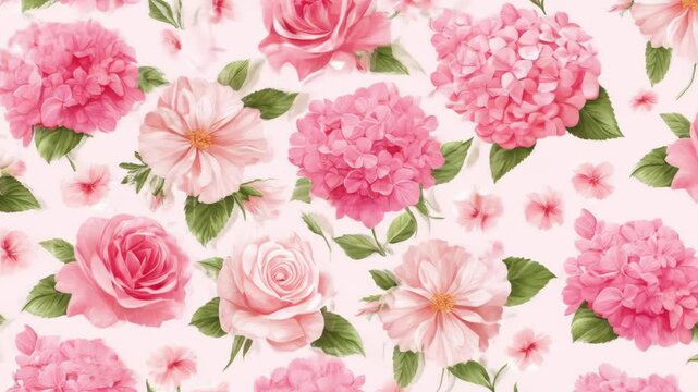 Seamless Pink Floral Pattern - A watercolor-style seamless pattern featuring a variety of pink flowers, including roses and hydrangeas, arranged on a soft pink background.
