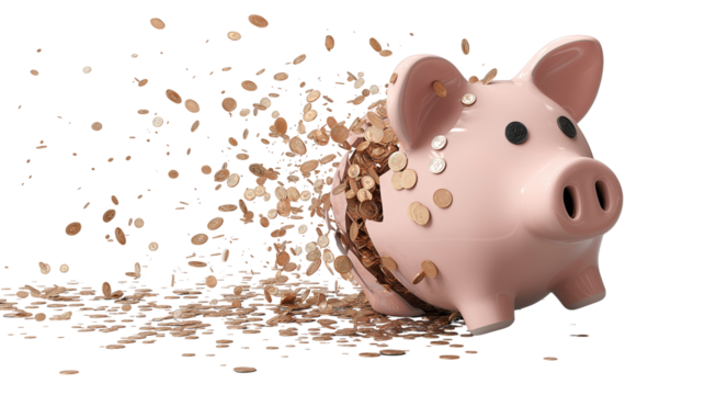 Broken piggy bank with coins flying out, high detail, realistic shadows, PNG