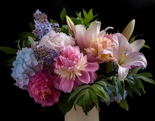 A lavish and colorful floral arrangement featuring a prominent pink peony surrounded by lilies, hyacinths, and various other fresh blooms, set against a dark background for dramatic effect.