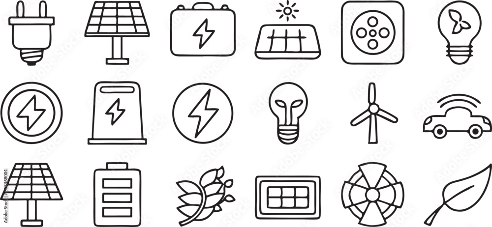 Poster energy and power usage icons set in editable black outline for electricity and resource ui