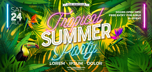 Summer Party Banner Design Template with Glowing Neon Light on Fluorescent Tropic Leaves Background. Vector Summer Celebration Holiday Illustration for Banner, Flyer, Invitation or Celebration Poster.