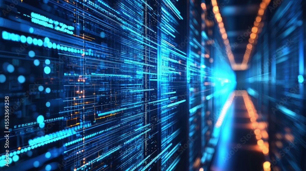 Poster high-speed blue and orange data transfer through futuristic servers with motion blur, ideal for tech