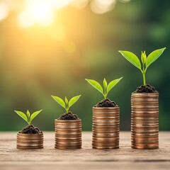 Green sprouts growing from stacks of coins symbolizing financial growth and investment