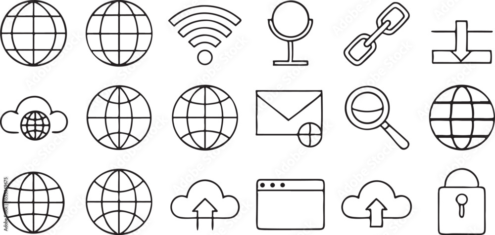 Poster internet and global network icons set in black outline for connectivity and web interface