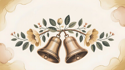 An elegant illustration features two golden bells adorned with delicate flowers and foliage, set against a subtle, decorative background, perfect for wedding or celebratory themes