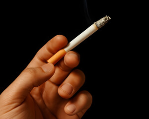 close up of a man's hand holding a cigarette isolated on dark background