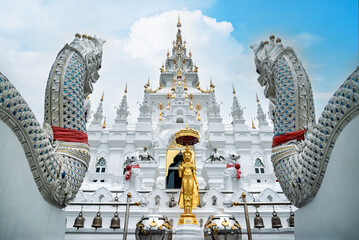 The beautiful Phra That Si Mueang Pong Pagoda Temple. White Castle or White Pagoda on the mountain at Wat Aranyawas Temple, Ban Pong, Hang Dong District Chiang Mai Thailand
