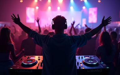 DJ playing and mixing music in nightclub party at night . EDM dance music club with crowd of young people celebrating the energetic youth lifestyle .. Peculiar AI generative image. High quality