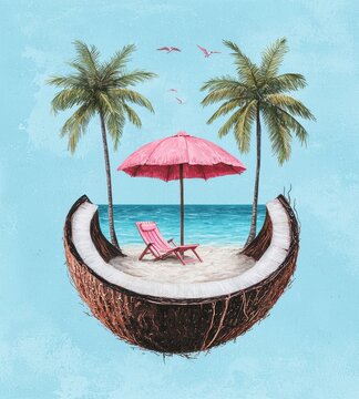 Tropical Paradise Inside Coconut Shell with Pink Umbrella and Chair