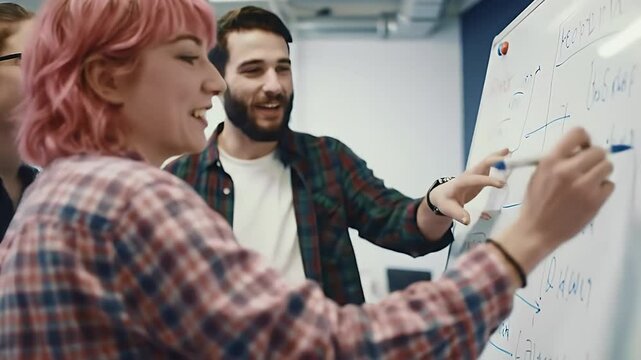 Happy Diverse Team Brainstorming Ideas on Whiteboard in Modern Office