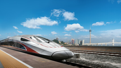 High-Speed Train in China Cityscape