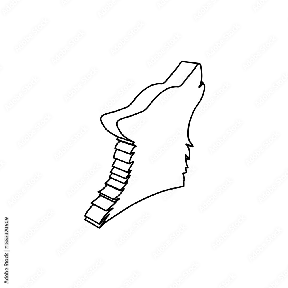 Poster the outline of a large wolf head symbol is made with black lines. 3d view of the object in perspecti