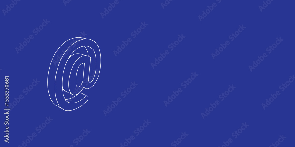Poster the outline of a large at symbol made of white lines on the left. 3d view of the object in perspecti