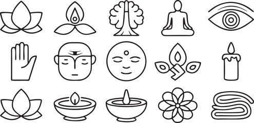 Mindfulness and Meditation Icon Set in Black Outline with Calm and Relaxation Symbols