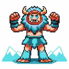 Fototapeta premium Pixel art yeti monster character with horns, icy fur, angry pose retro game fantasy beast, blue and brown colors