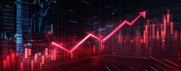 A red line with an arrow pointing upwards is displayed on a city street. Concept of progress and growth