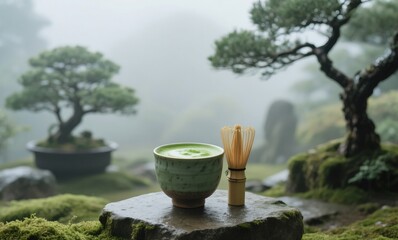 Japanese tea culture captured with misty garden and handcrafted matcha set